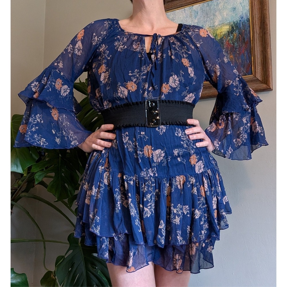Free People Sunsetter Floral Ruffle Mini Dress Tunic Small Blue Sheer Festival